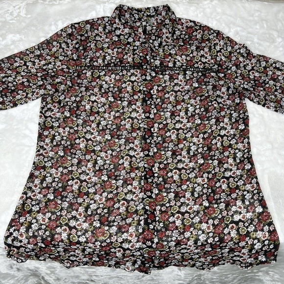 Kut From The Kloth Sheer Black Floral Long Sleeve Button Up Shirt Sz M - Picture 2 of 10